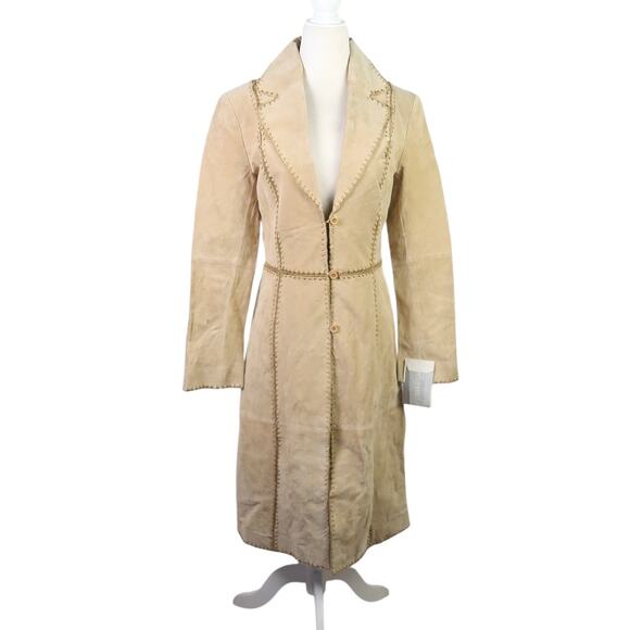 Vintage Jackets & Blazers - Vintage Y2K Beyond California Tan Suede Leather Crochet Trim Mid Length Coat S